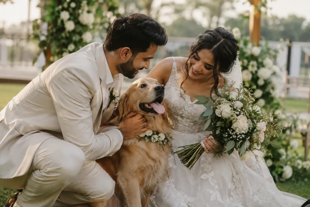 Bride and groom posing with pet at wedding